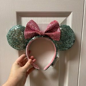 Disney parks mint and pink glitter Minnie ears